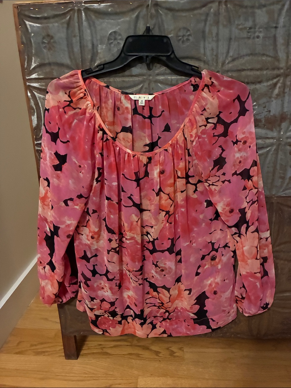 CAbi Pink Floral Scoop-Neck Peasant Blouse